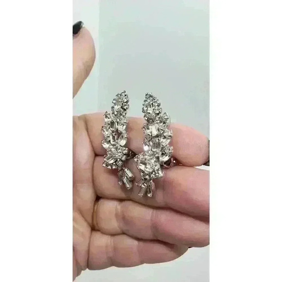 Earrings Rhinestone Climber Big Layered Leaf 3rd Eye Flower Vintage Statement - Picture 5 of 9